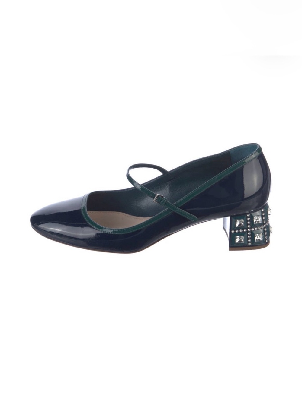 Miu Miu Dark Green Patent Mary Jane with Jeweled Block Heel